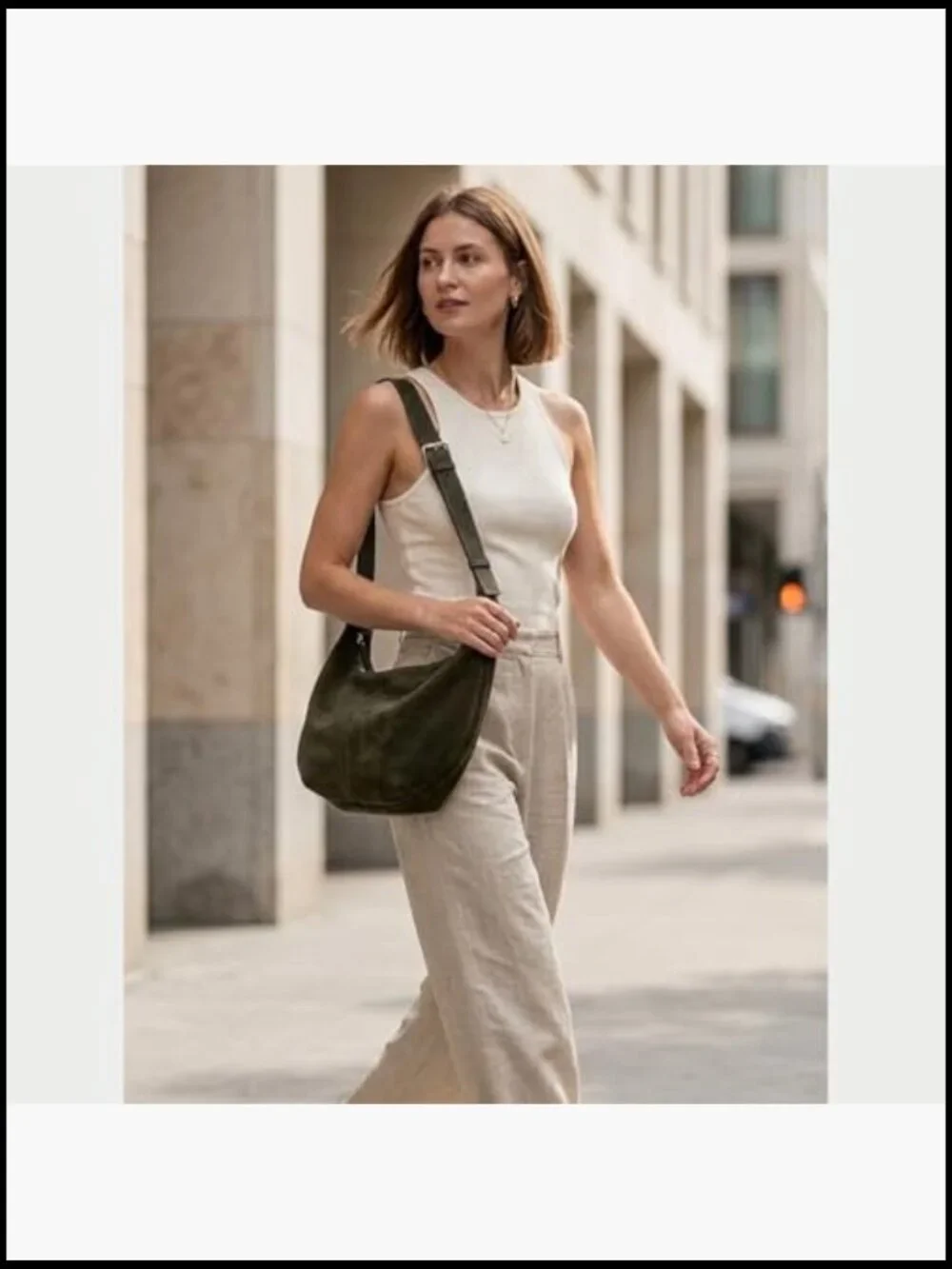 Faux Suede Crescent Hobo Crossbody Bag with Zipper Closure - Picture 2 of 7